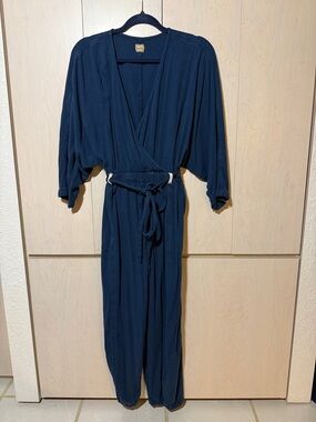 Free People Khai Navy Blue Wrap Jumpsuit with Tie Waist